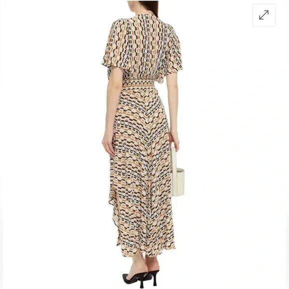 MAJE Rachelli Shirred Printed Crepe De Chine Midi Dress Light Blue Beige… - Picture 3 of 11